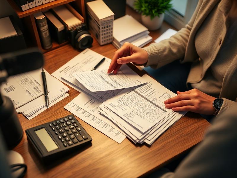 Small business owner reviewing tax deduction documentation and receipts