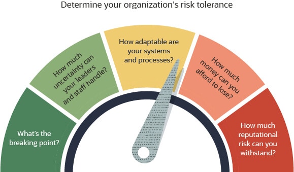 Gauge graphic illustrating organizational risk tolerance, showing factors like uncertainty, adaptability, financial loss, and reputational risk for recession-proof business planning.